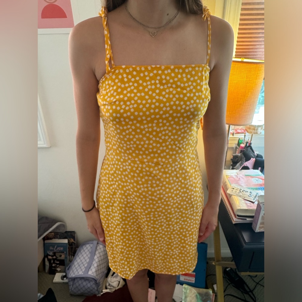 yellow shein summer dress with white flowers